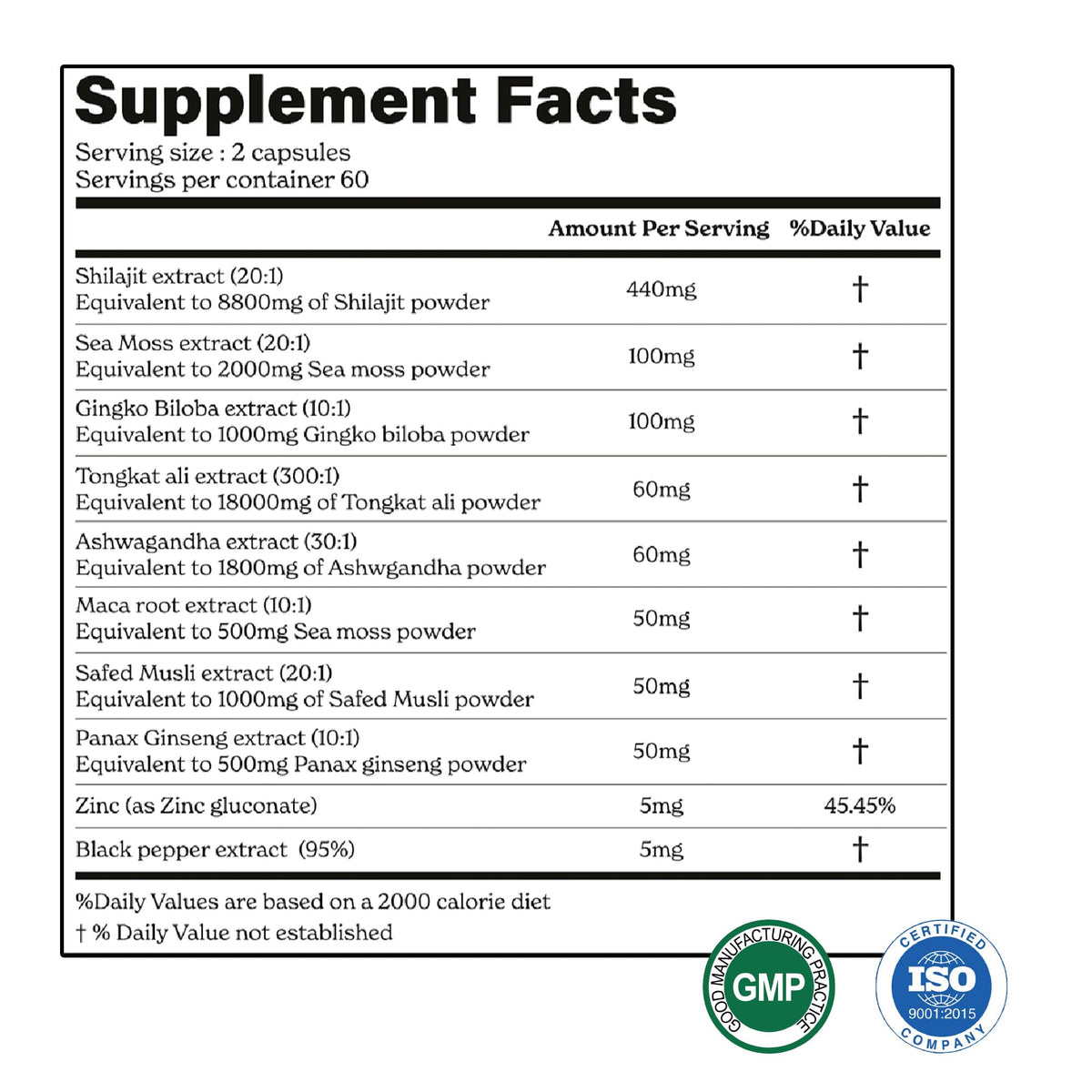 Shilajit Maca Root Ginkgo Biloba Sea Moss Ashwagandha Tongkat Ali Panax Ginseng Safed Musli & Zinc 20 Capsules Supplement G25687
