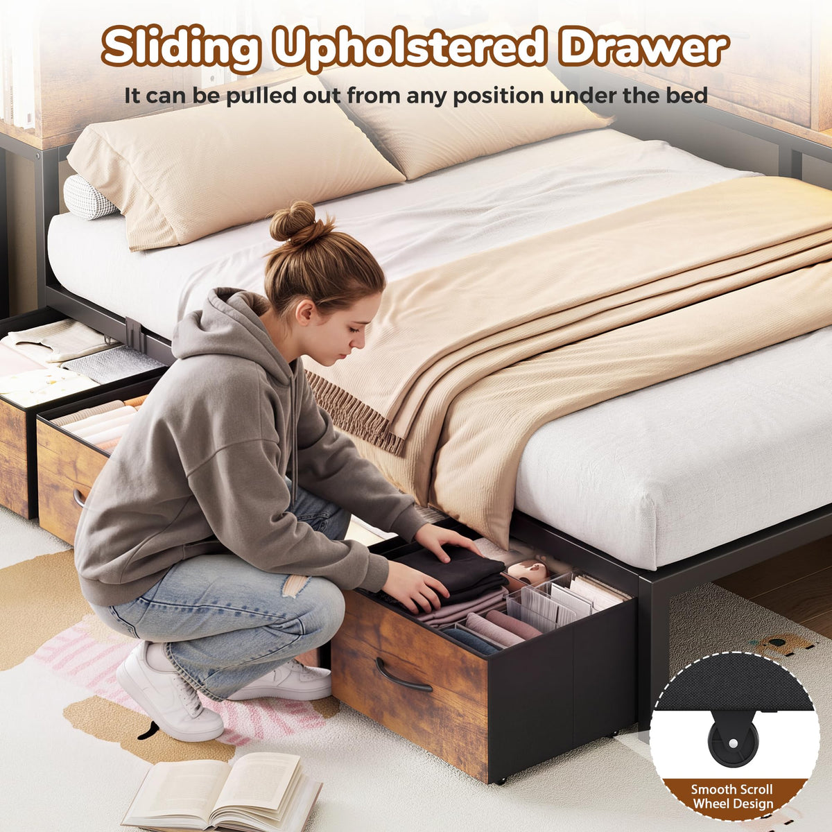 Twin Size Metal Platform Bed Frame with Storage Drawers and Bookcase Headboard P994425