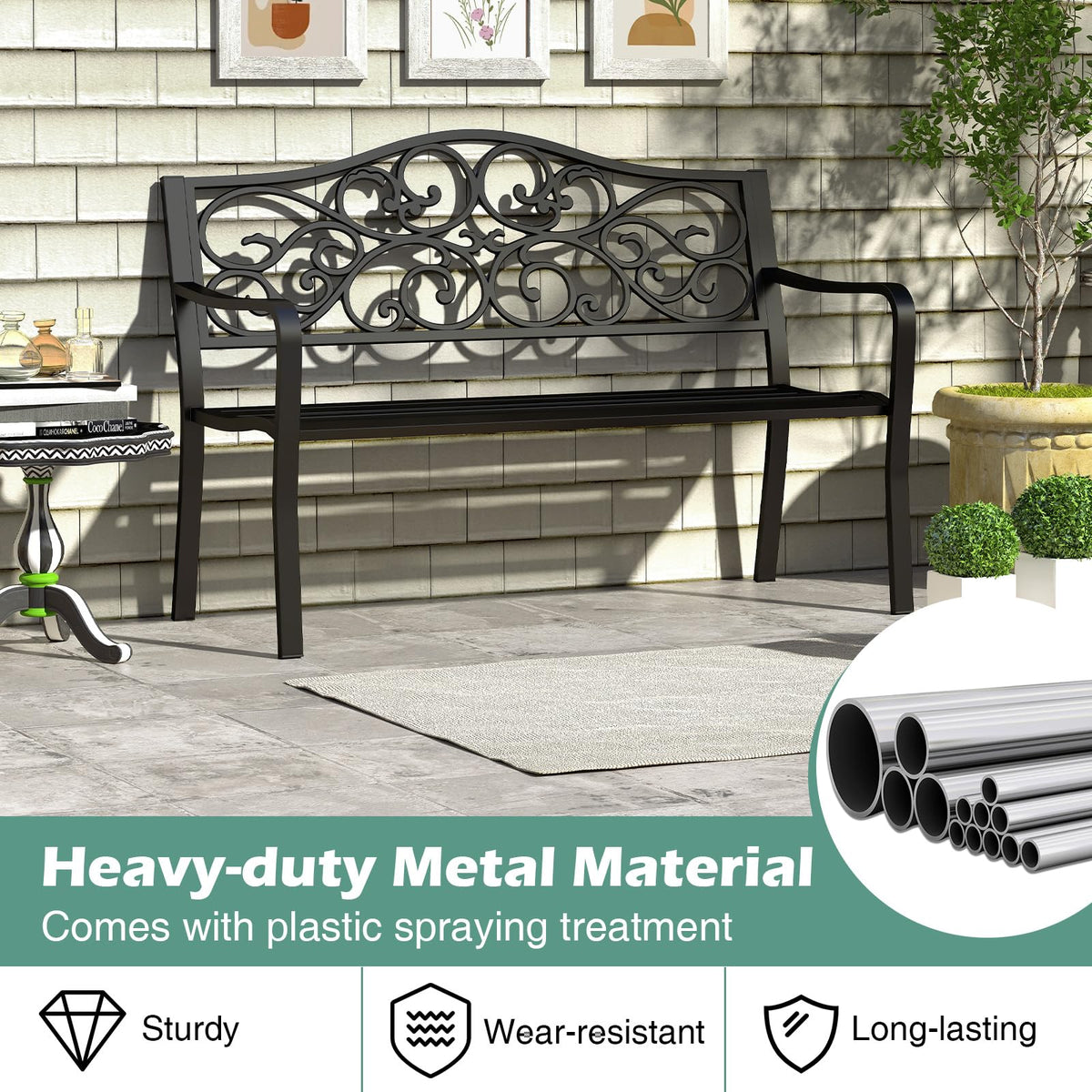 50 Inches Black Cast Iron Metal Patio Bench with Floral Backrest P24451