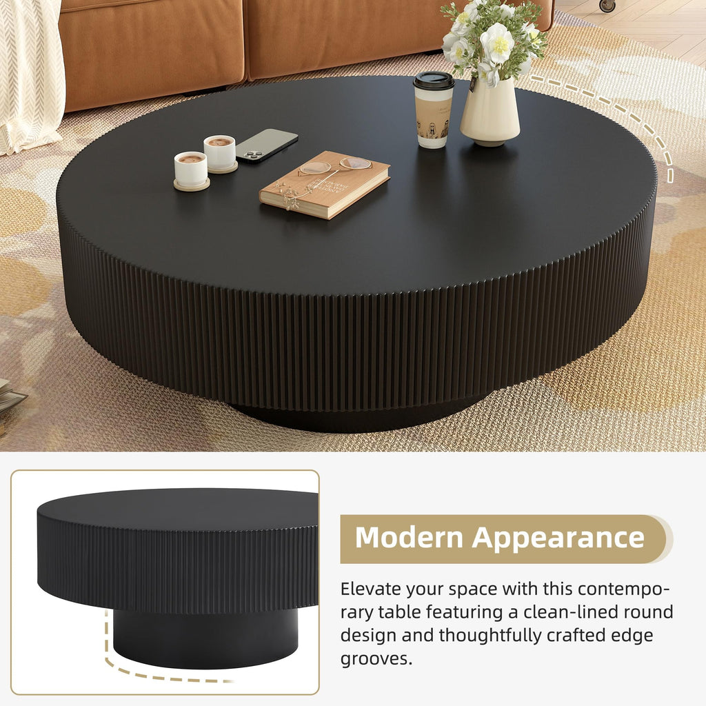 Round Coffee Table, 31.5" Fluted Pedestal Wood Table, Black J625
