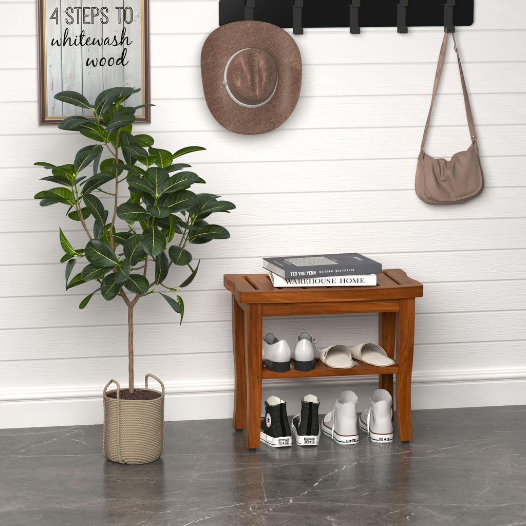 Teak Shower Bench Stool with Storage Shelf U9765
