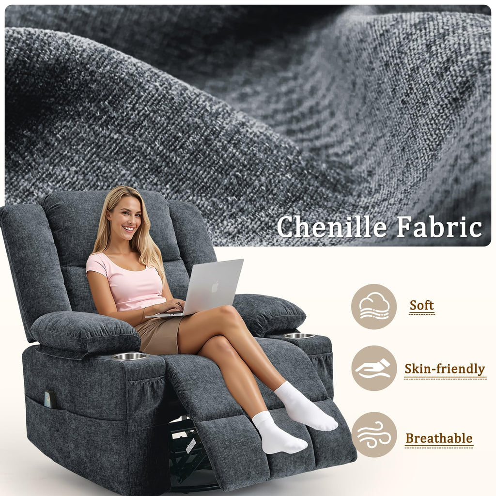 Fabric Dark Gray Swivel Rocker Recliner with Cup Holder Q592422