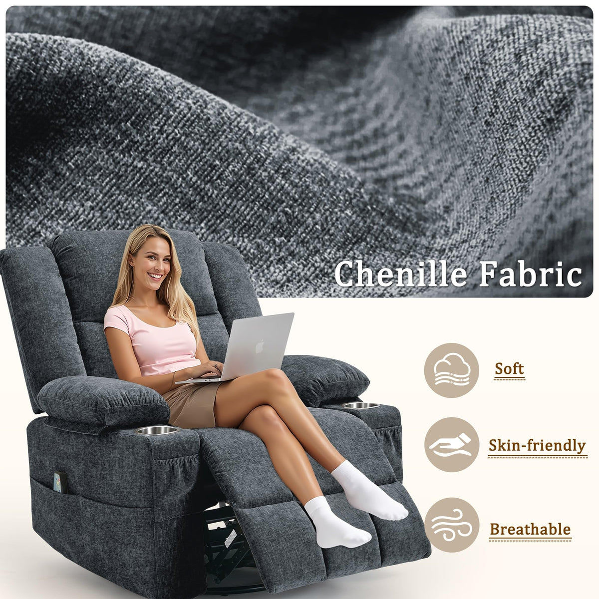 Fabric Dark Gray Swivel Rocker Recliner with Cup Holder Q592422