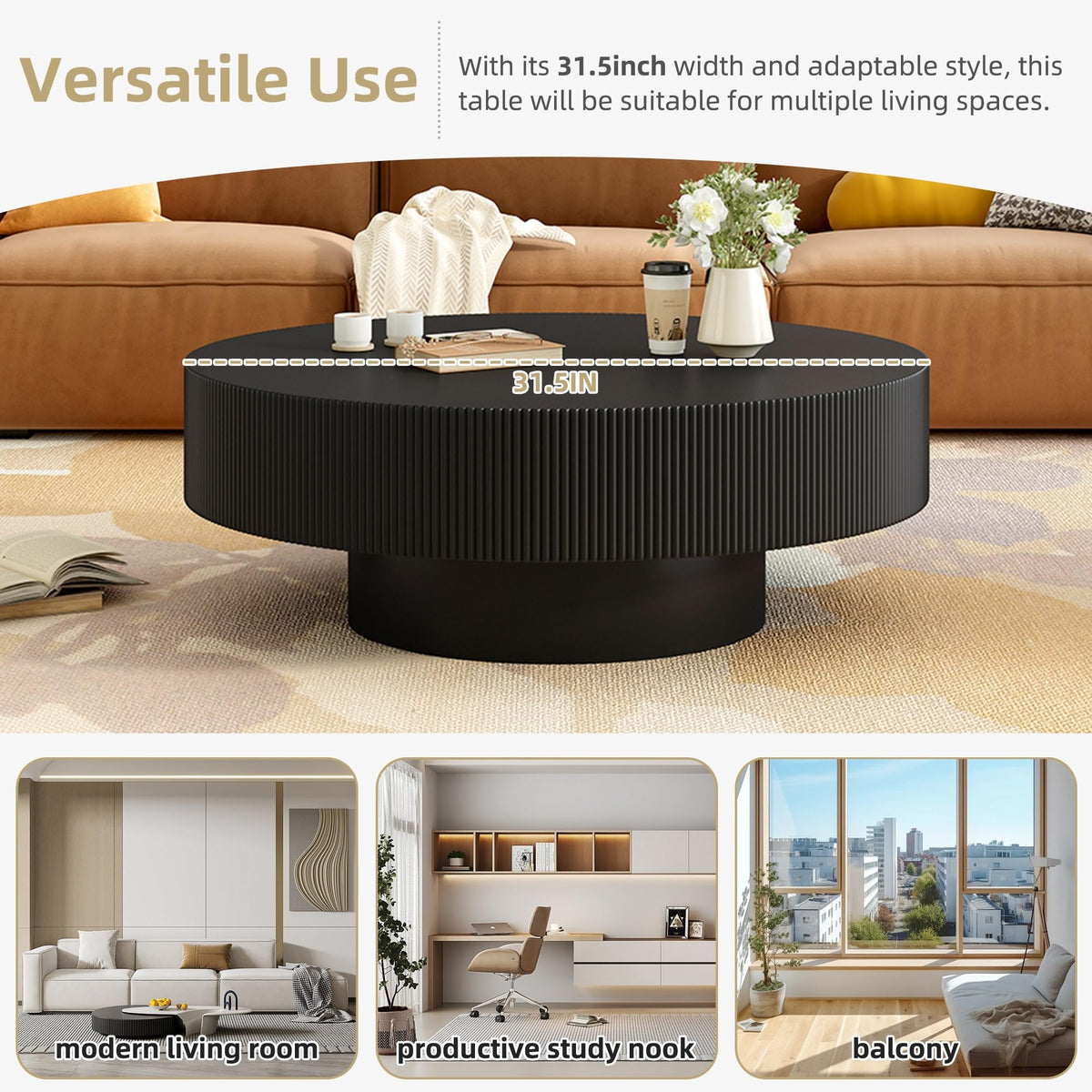 Round Coffee Table, 31.5" Fluted Pedestal Wood Table, Black J625