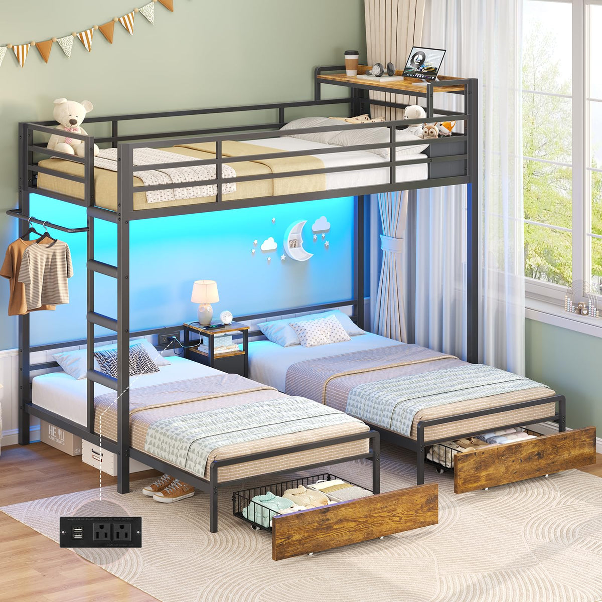 Black Twin Over Twin Triple Bunk Bed with Storage Drawers Z35453