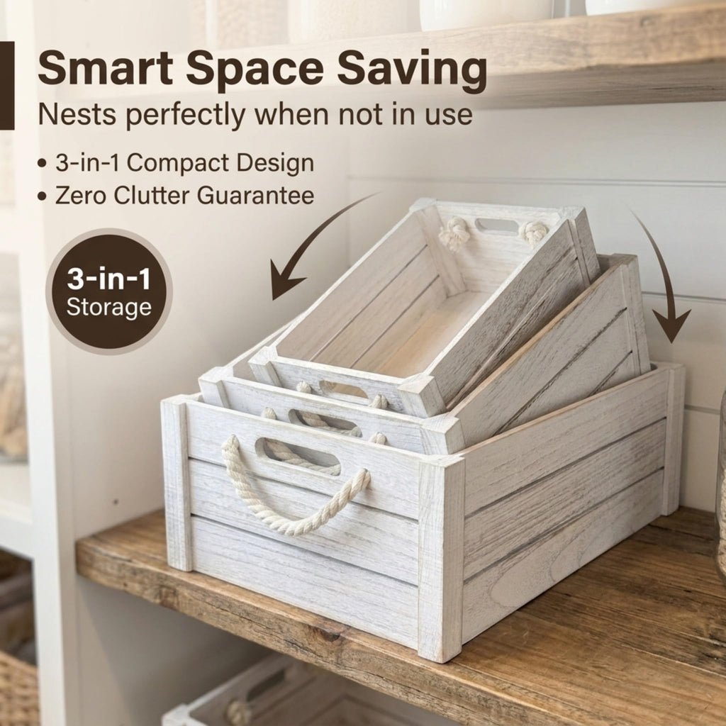 Set of 3 White Wooden Nesting Storage Crates Y79667