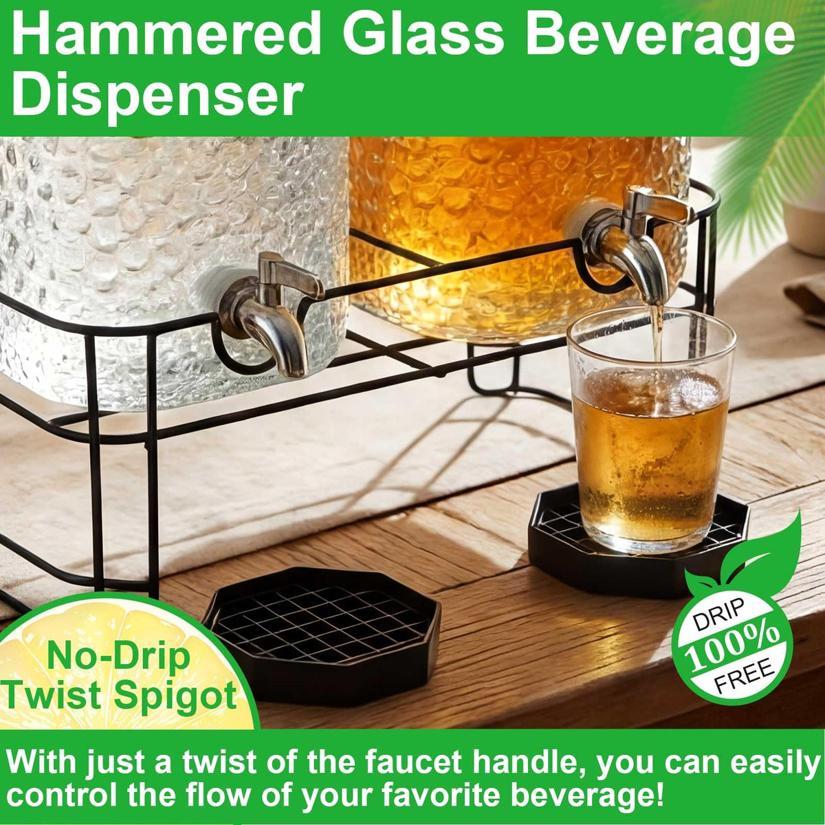 2 Pack 5 Gallon Hammered Glass Drink Dispenser with Stand B610580