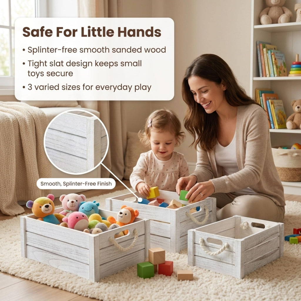 Set of 3 White Wooden Nesting Storage Crates Y79667