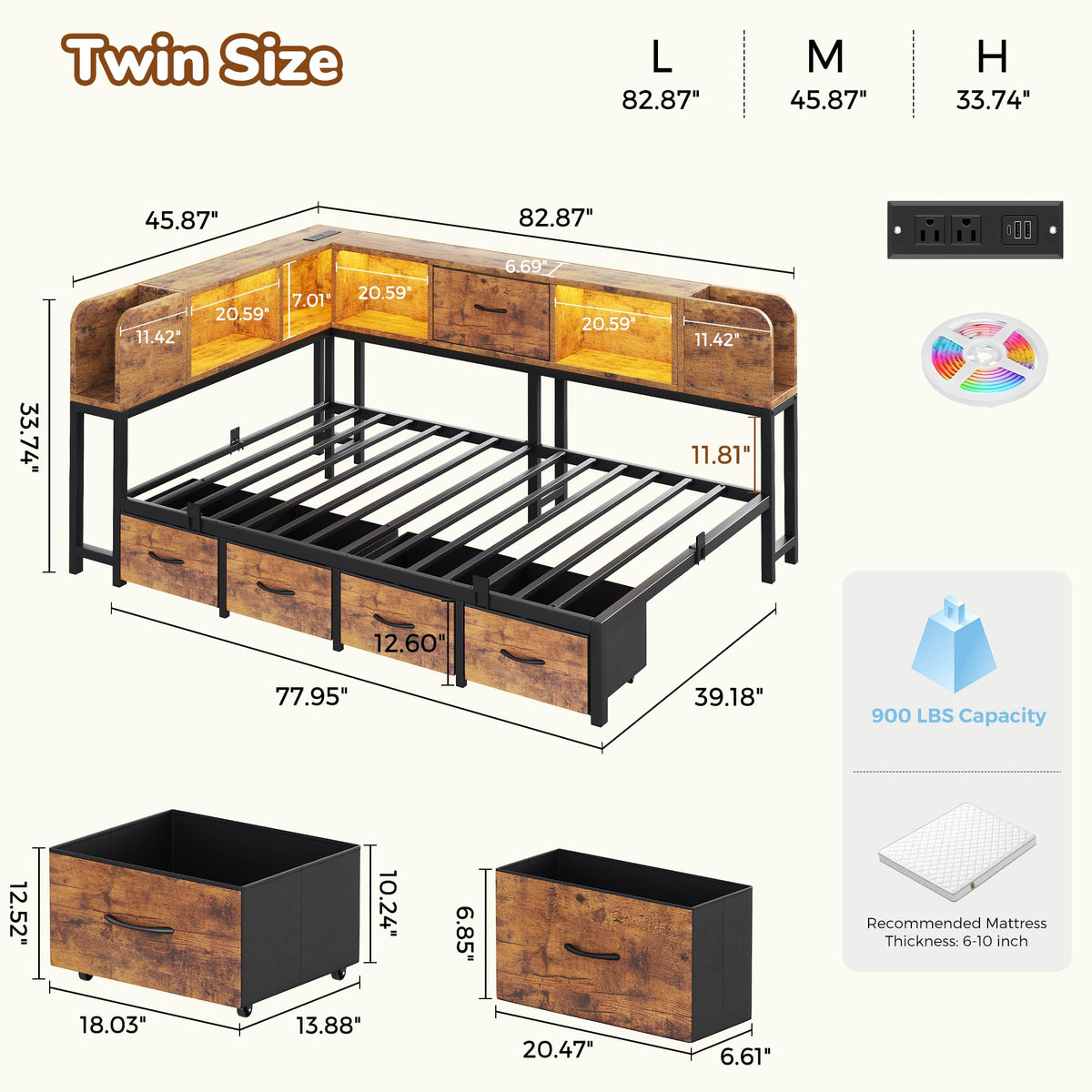 Twin Size Metal Platform Bed Frame with Storage Drawers and Bookcase Headboard P994425