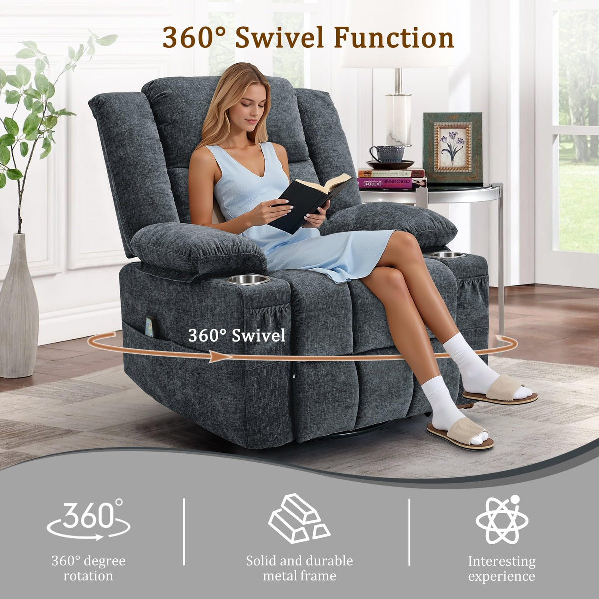 Fabric Dark Gray Swivel Rocker Recliner with Cup Holder Q592422