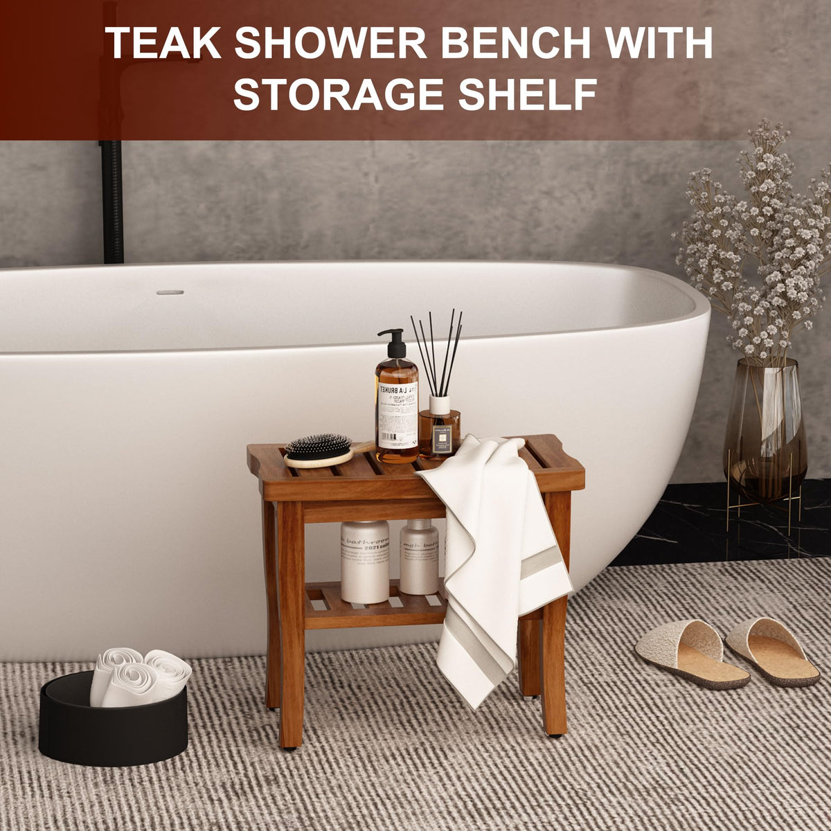 Teak Shower Bench Stool with Storage Shelf U9765