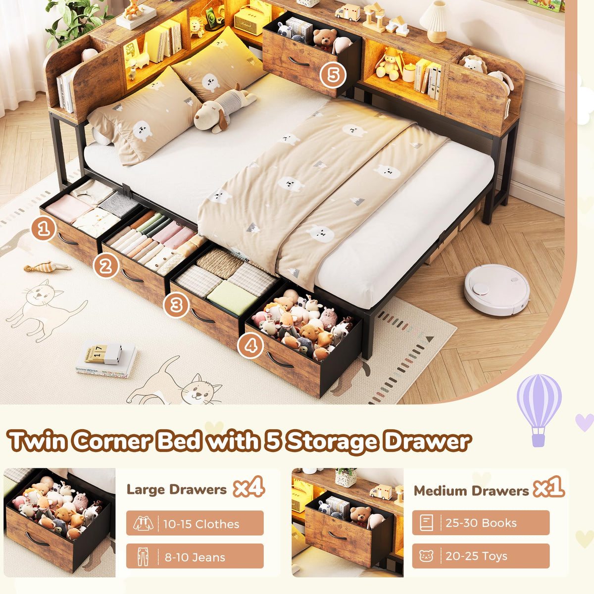 Twin Size Metal Platform Bed Frame with Storage Drawers and Bookcase Headboard P994425