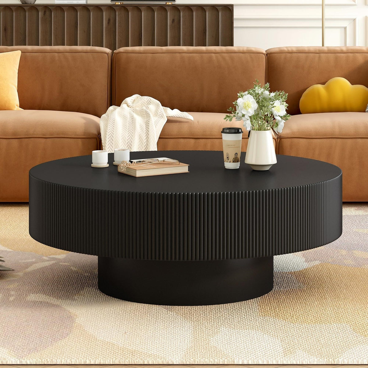 Round Coffee Table, 31.5" Fluted Pedestal Wood Table, Black J625