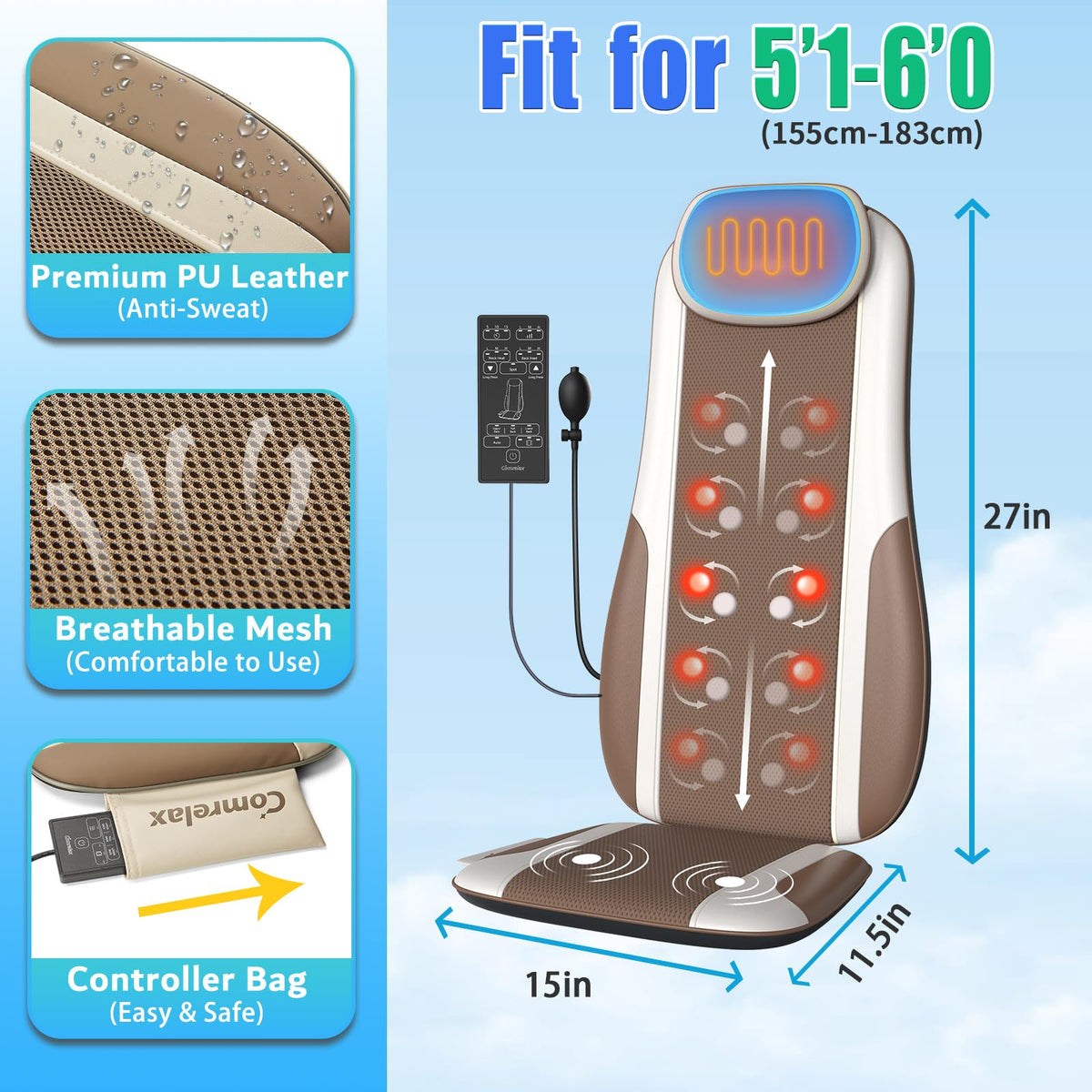 Shiatsu Back Massager with Heat, 2 Vibration Motors, PU Leather V56633