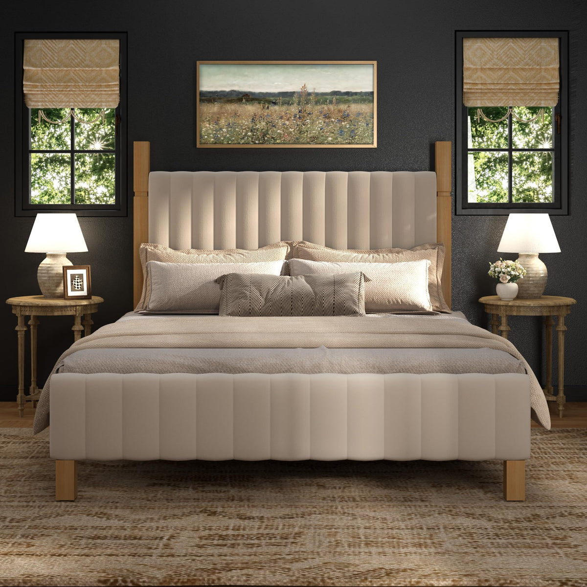 Queen Size Beige Linen Bed Frame with Headboard K659