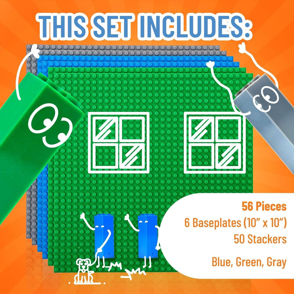 10 x 10 in 6 Baseplates with 50 Stackers Building Toy Blocks M18132