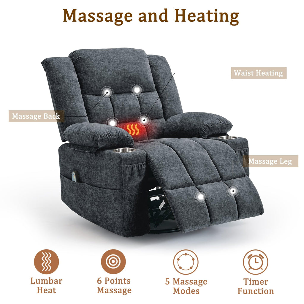 Fabric Dark Gray Swivel Rocker Recliner with Cup Holder Q592422