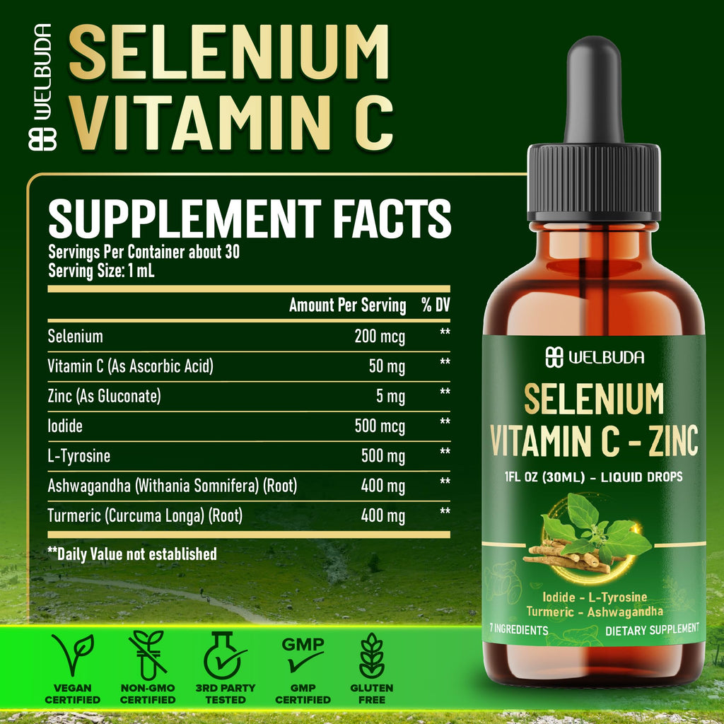 Selenium Liquid Drops with Vitamin C, Zinc, Iodine, L-Tyrosine, Ashwagandha and Turmeric B6838