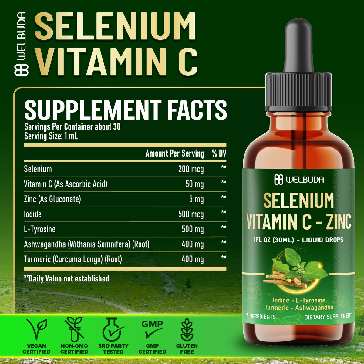 Selenium Liquid Drops with Vitamin C, Zinc, Iodine, L-Tyrosine, Ashwagandha and Turmeric B6838