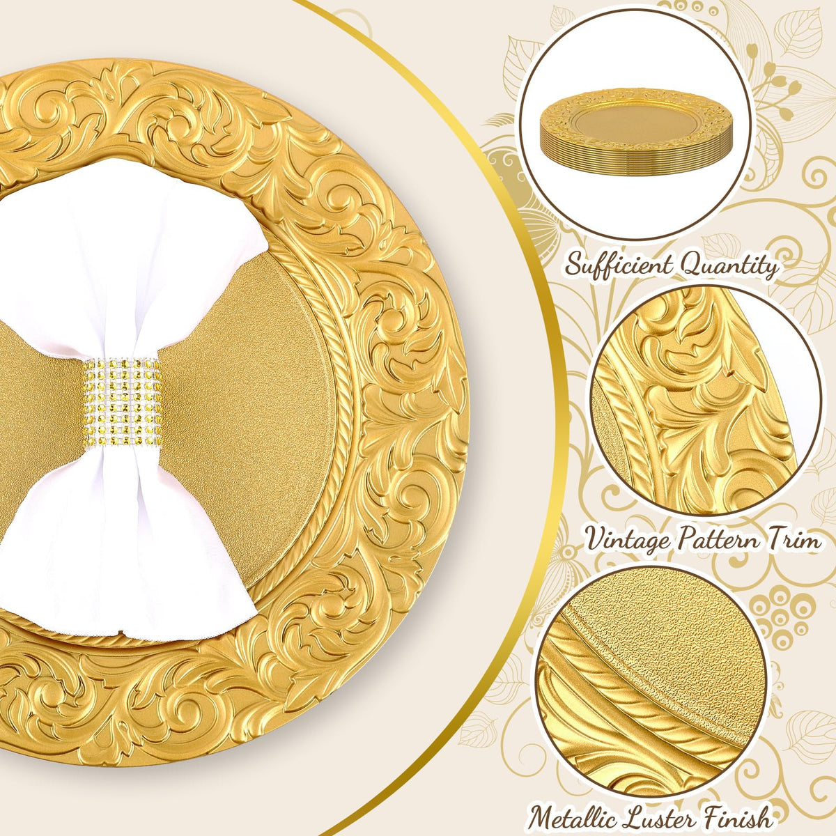 Gold 12 Pcs 13'' Antique Plastic Charger Plates A842624