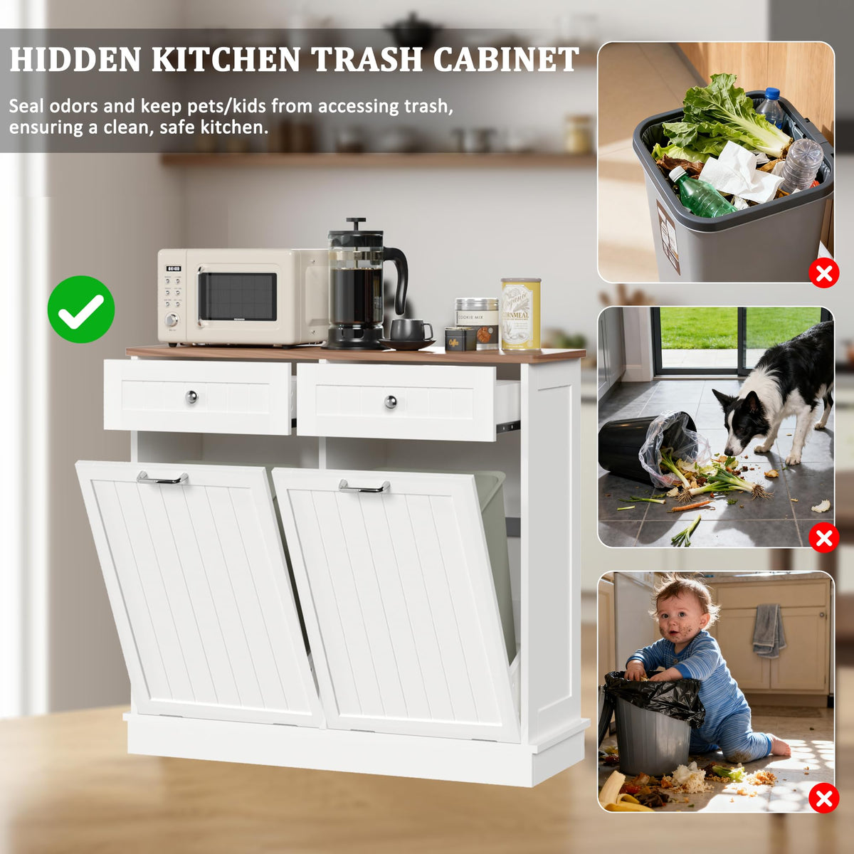 White Tilt Out Trash Can Cabinet B9455