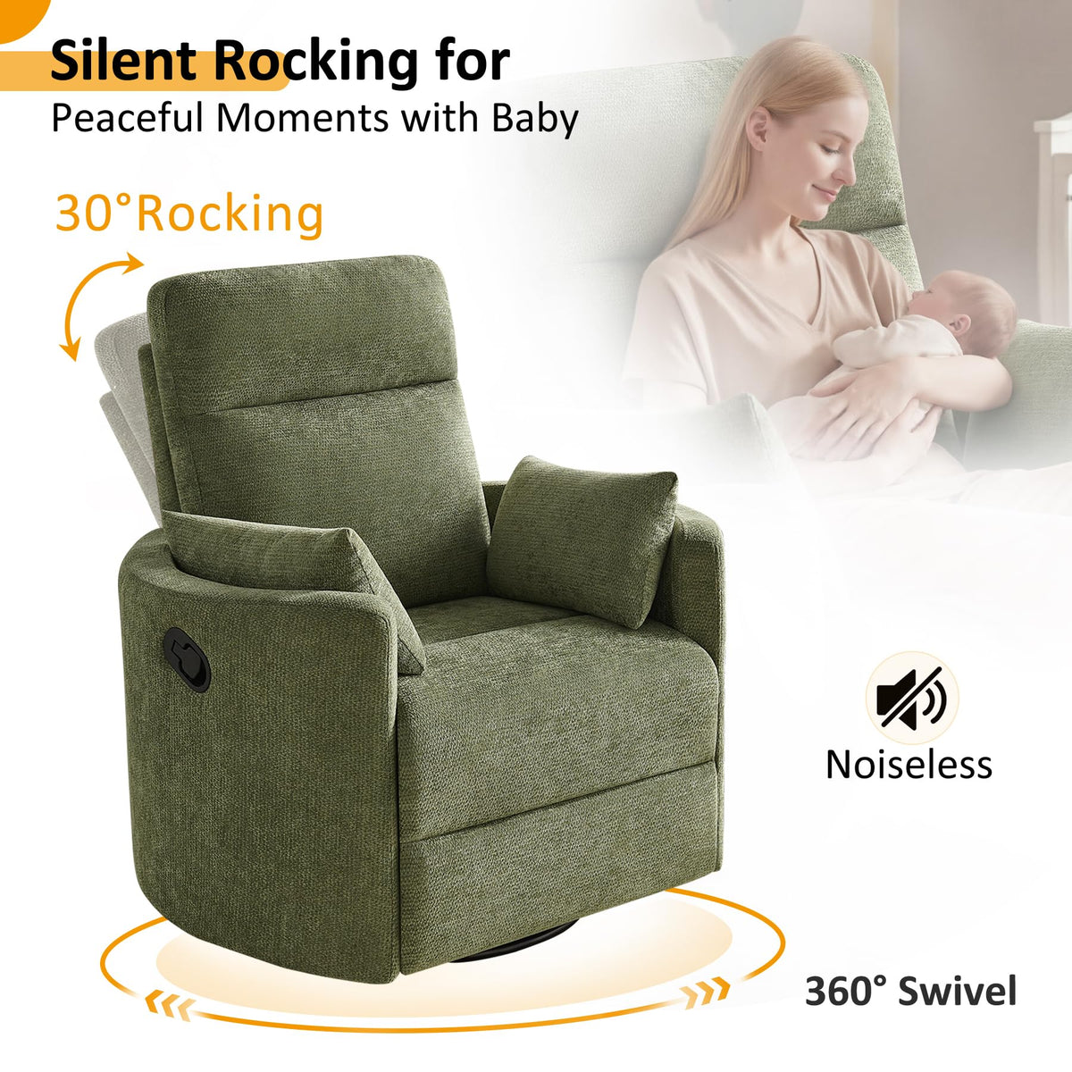 Oversized 360° Swivel Glider Recliner Chair with 2 Pillows and Footrest W306081