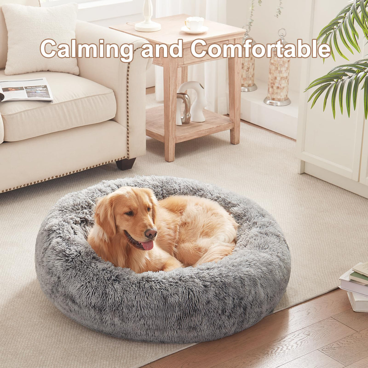 36 inches Faux Fur Fluffy Donut Dog Bed Dark Grey I151