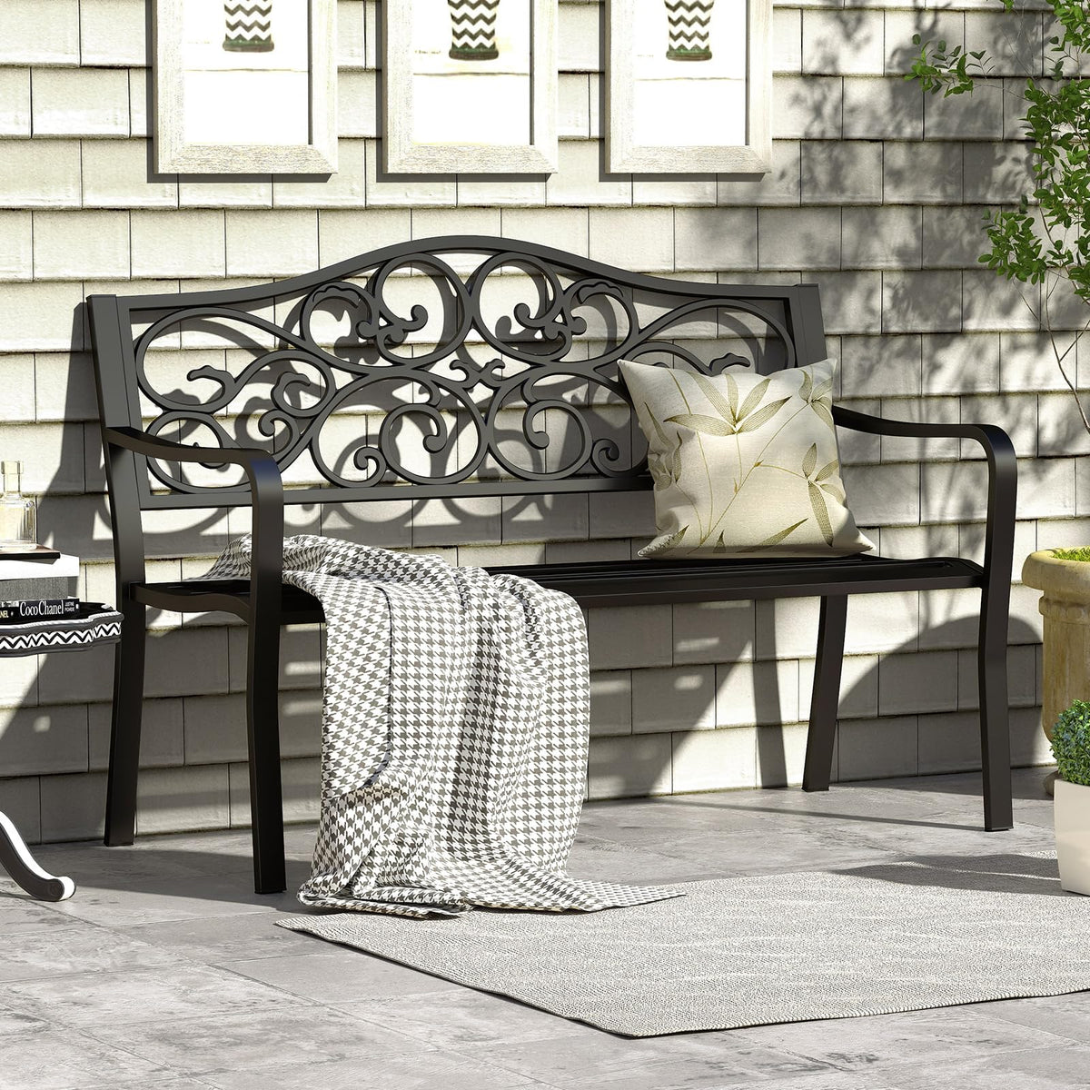 50 Inches Black Cast Iron Metal Patio Bench with Floral Backrest P24451