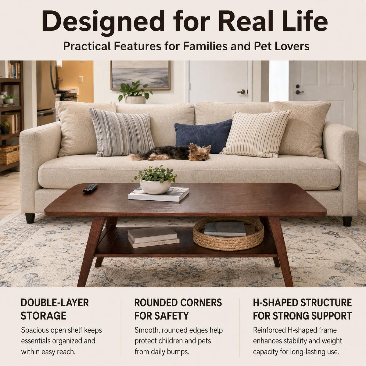 Solid Wood 2-Tier Coffee Table with Shelf Storage J648082