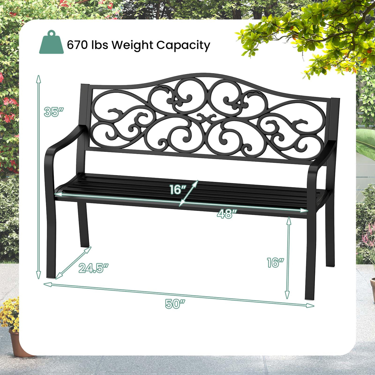 50 Inches Black Cast Iron Metal Patio Bench with Floral Backrest P24451