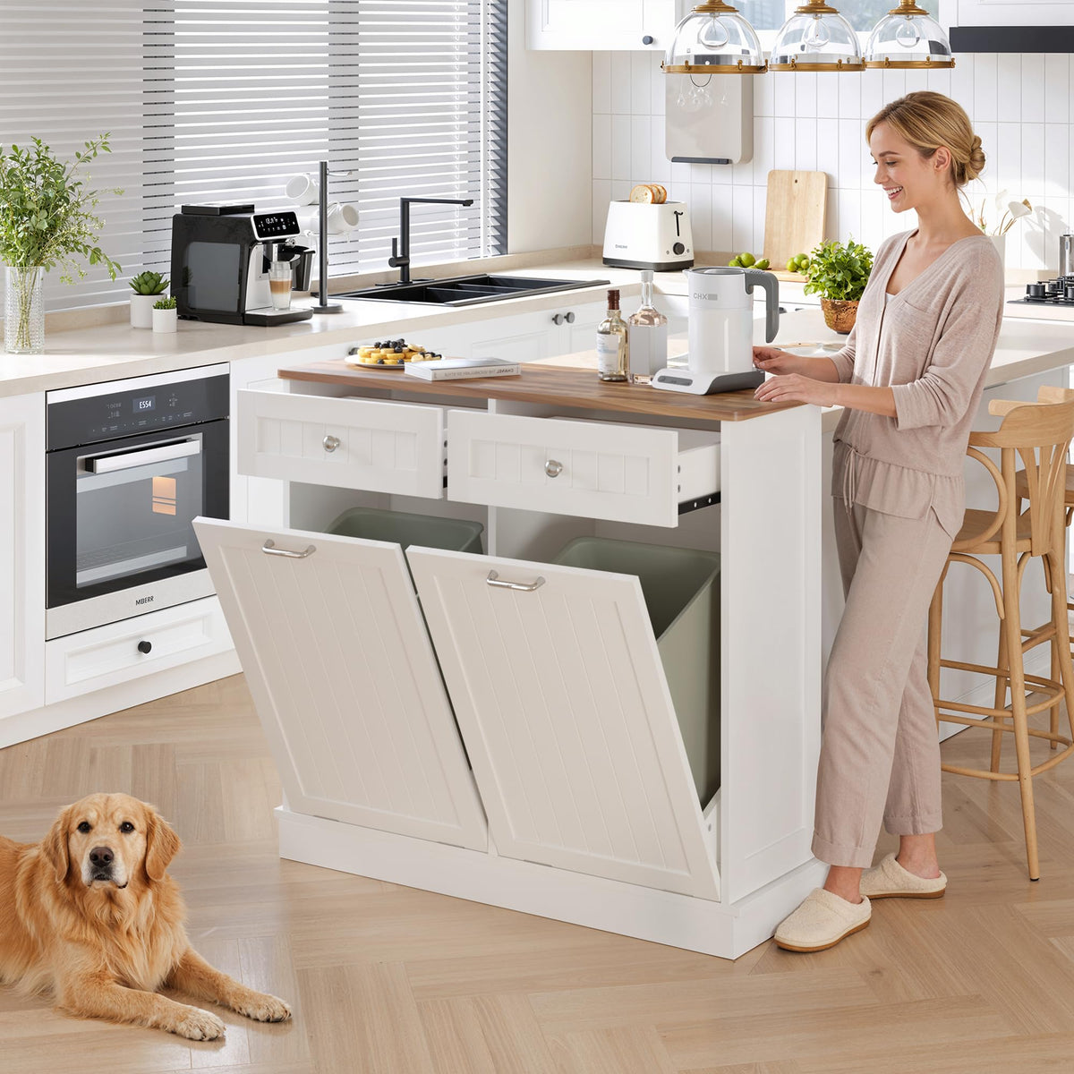 White Tilt Out Trash Can Cabinet B9455