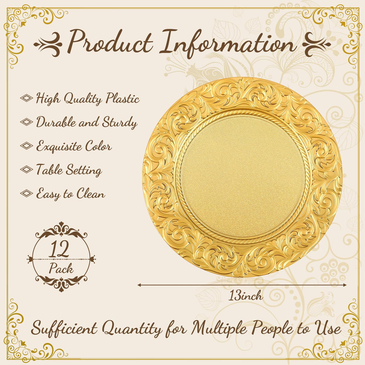 Gold 12 Pcs 13'' Antique Plastic Charger Plates A842624