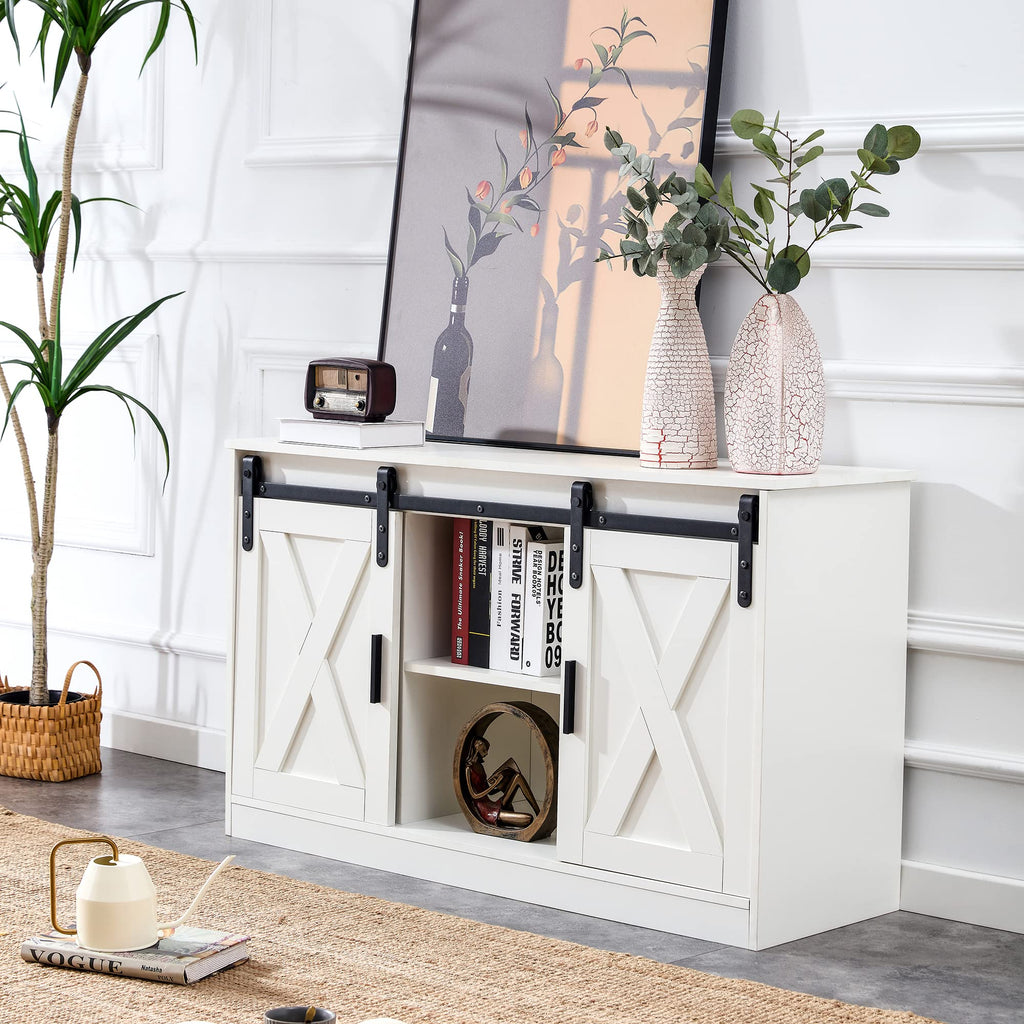 White Farmhouse TV Stand with Sliding Barn Door and Storage Cabinets S5044