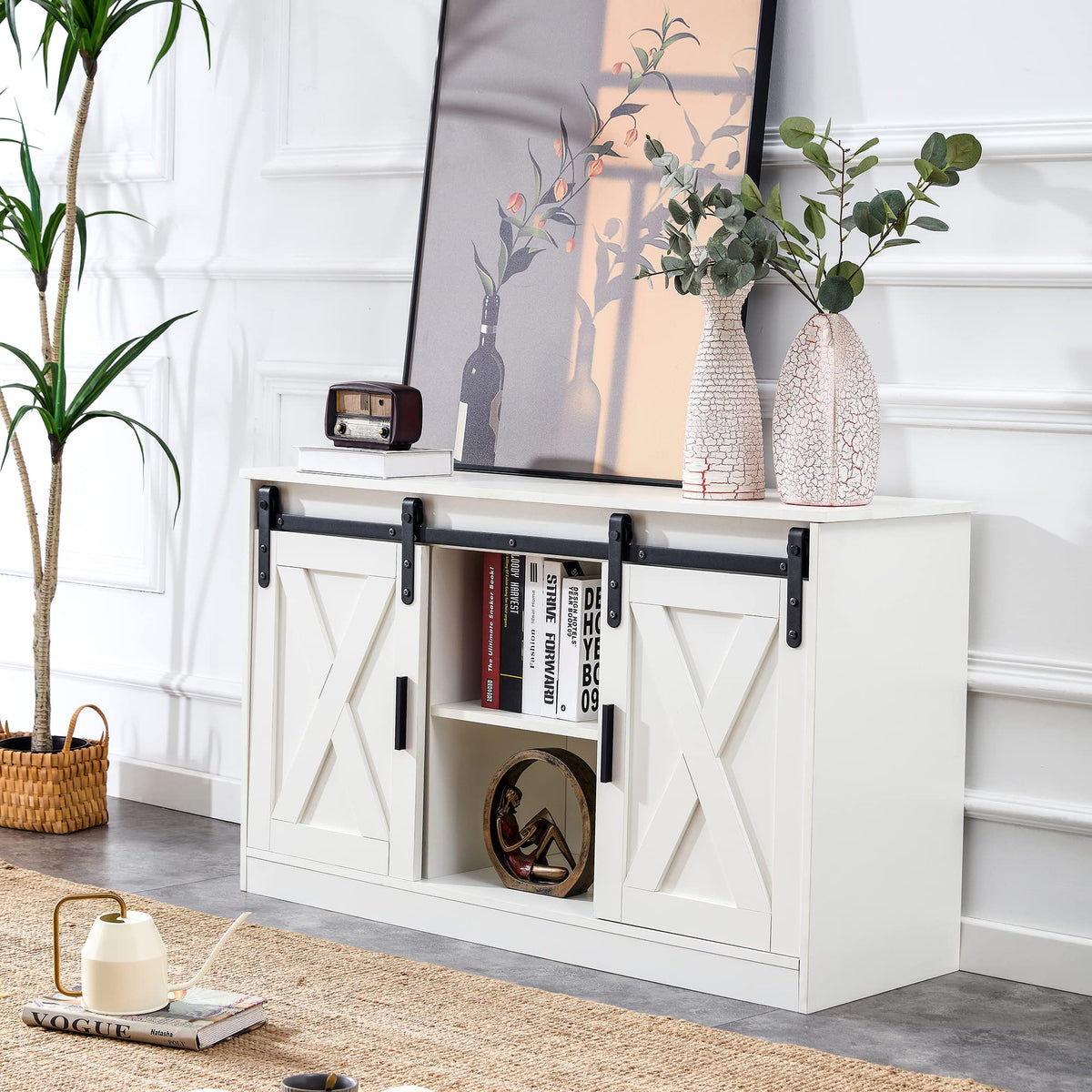 White Farmhouse TV Stand with Sliding Barn Door and Storage Cabinets S5044