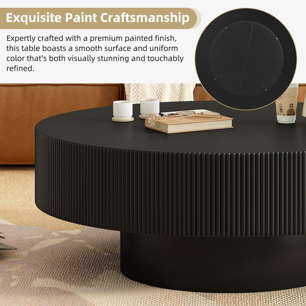 Round Coffee Table, 31.5" Fluted Pedestal Wood Table, Black J625