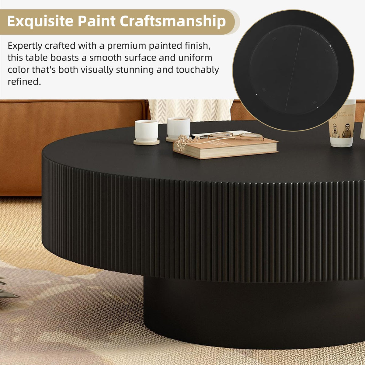 Round Coffee Table, 31.5" Fluted Pedestal Wood Table, Black J625