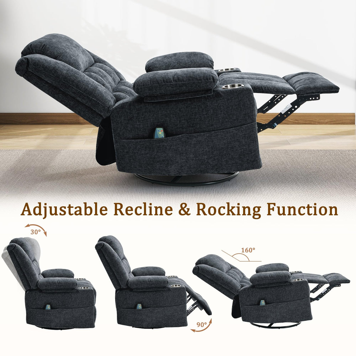 Fabric Dark Gray Swivel Rocker Recliner with Cup Holder Q592422