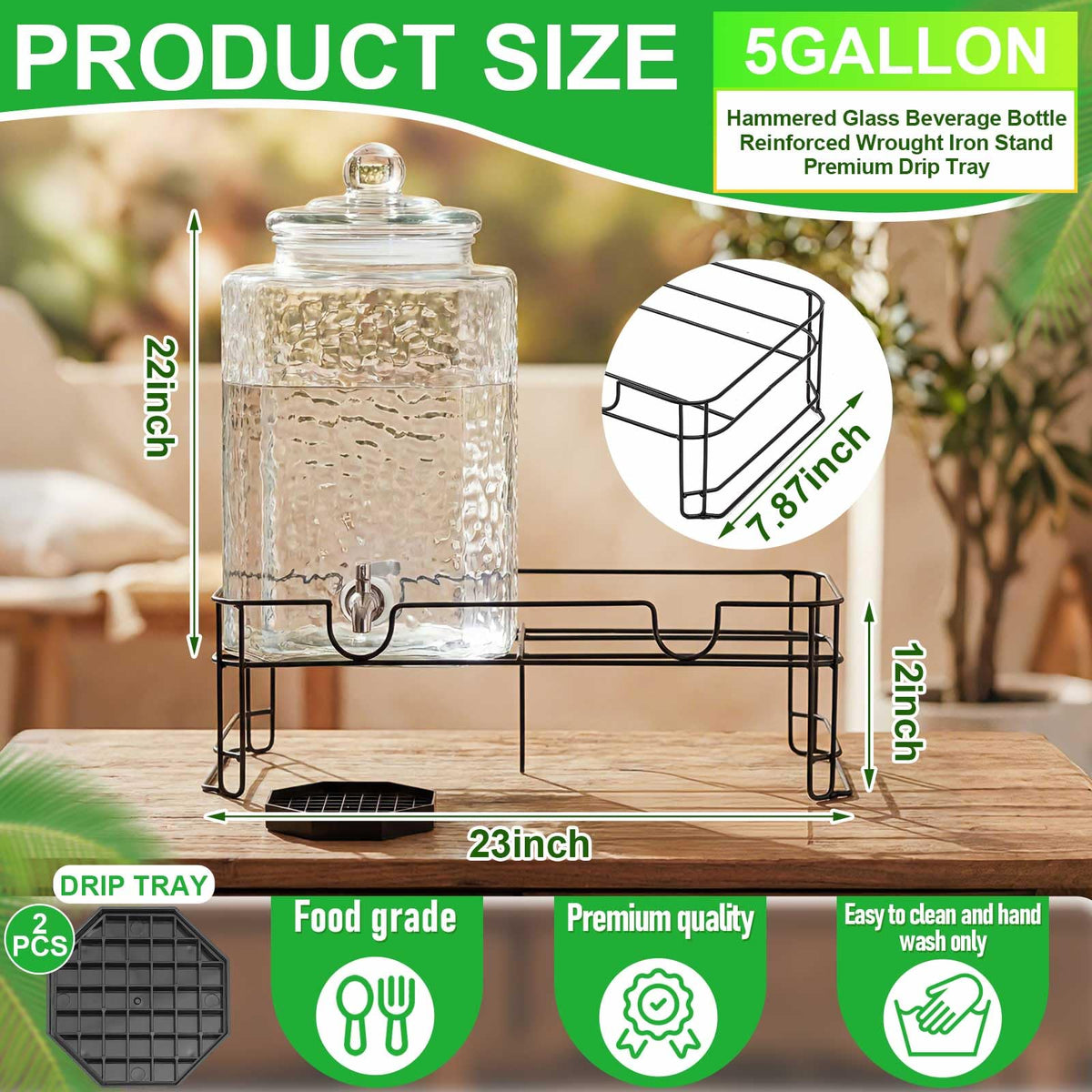 2 Pack 5 Gallon Hammered Glass Drink Dispenser with Stand B610580