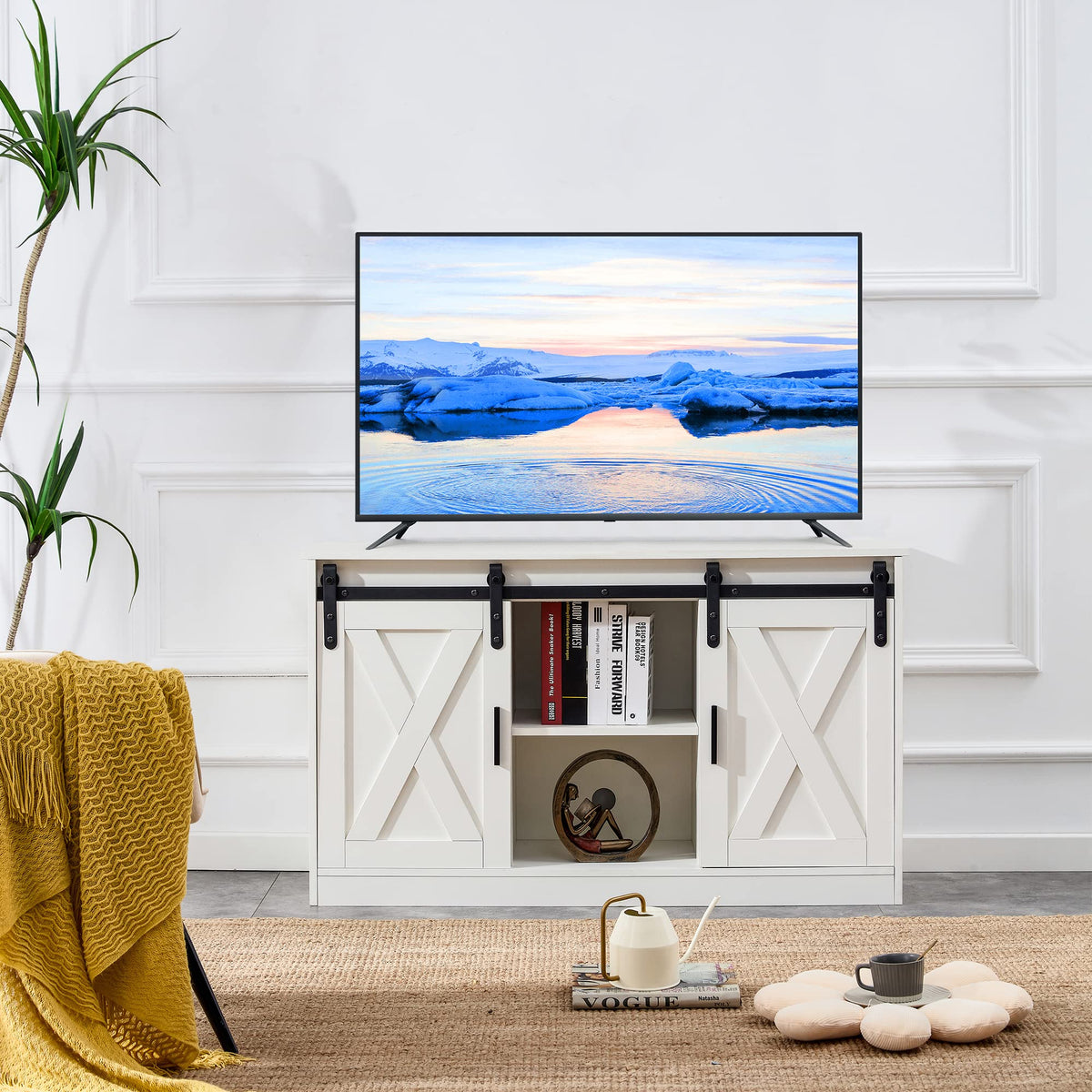 White Farmhouse TV Stand with Sliding Barn Door and Storage Cabinets S5044