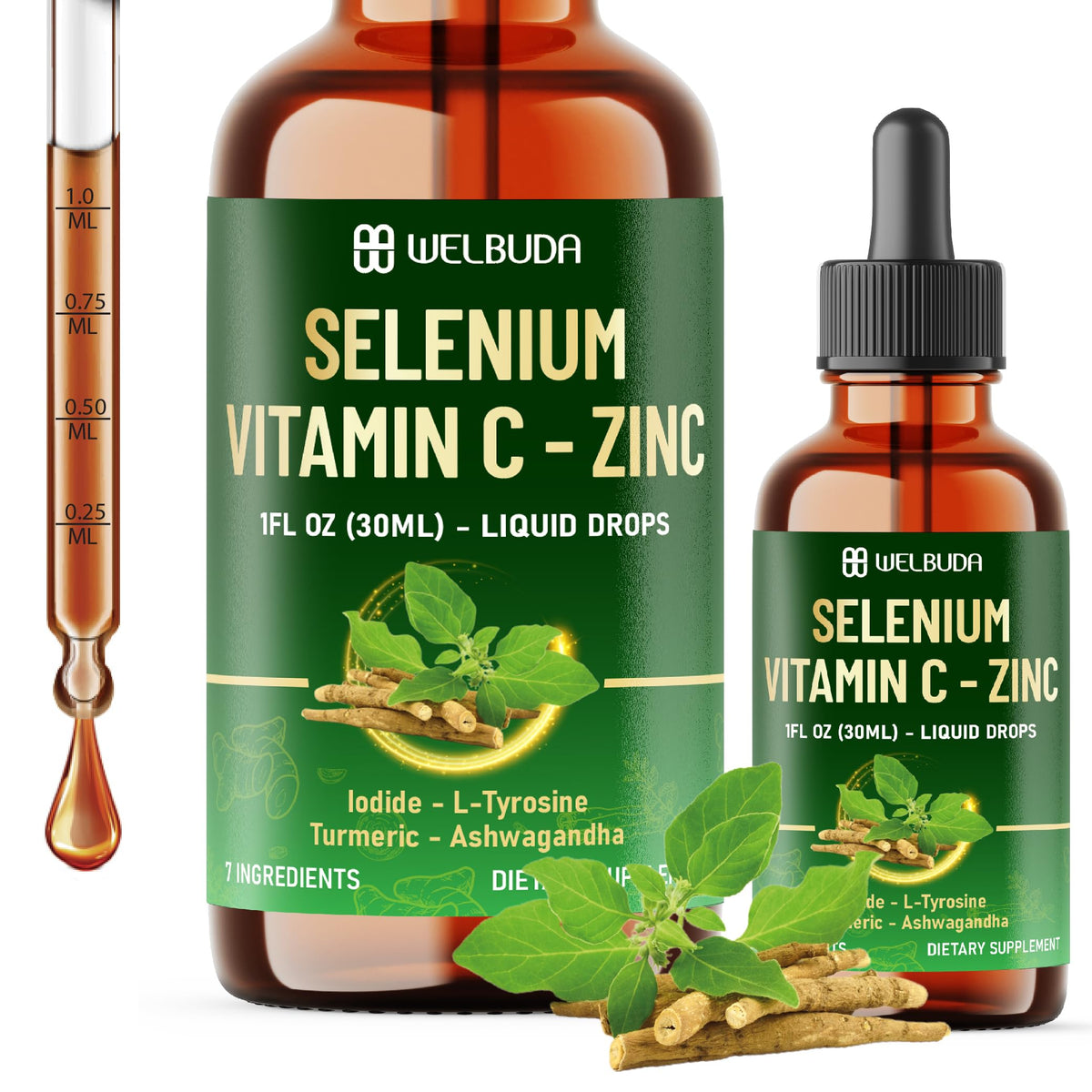Selenium Liquid Drops with Vitamin C, Zinc, Iodine, L-Tyrosine, Ashwagandha and Turmeric B6838