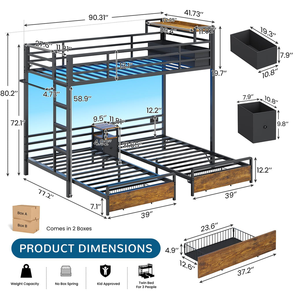 Black Twin Over Twin Triple Bunk Bed with Storage Drawers Z35453