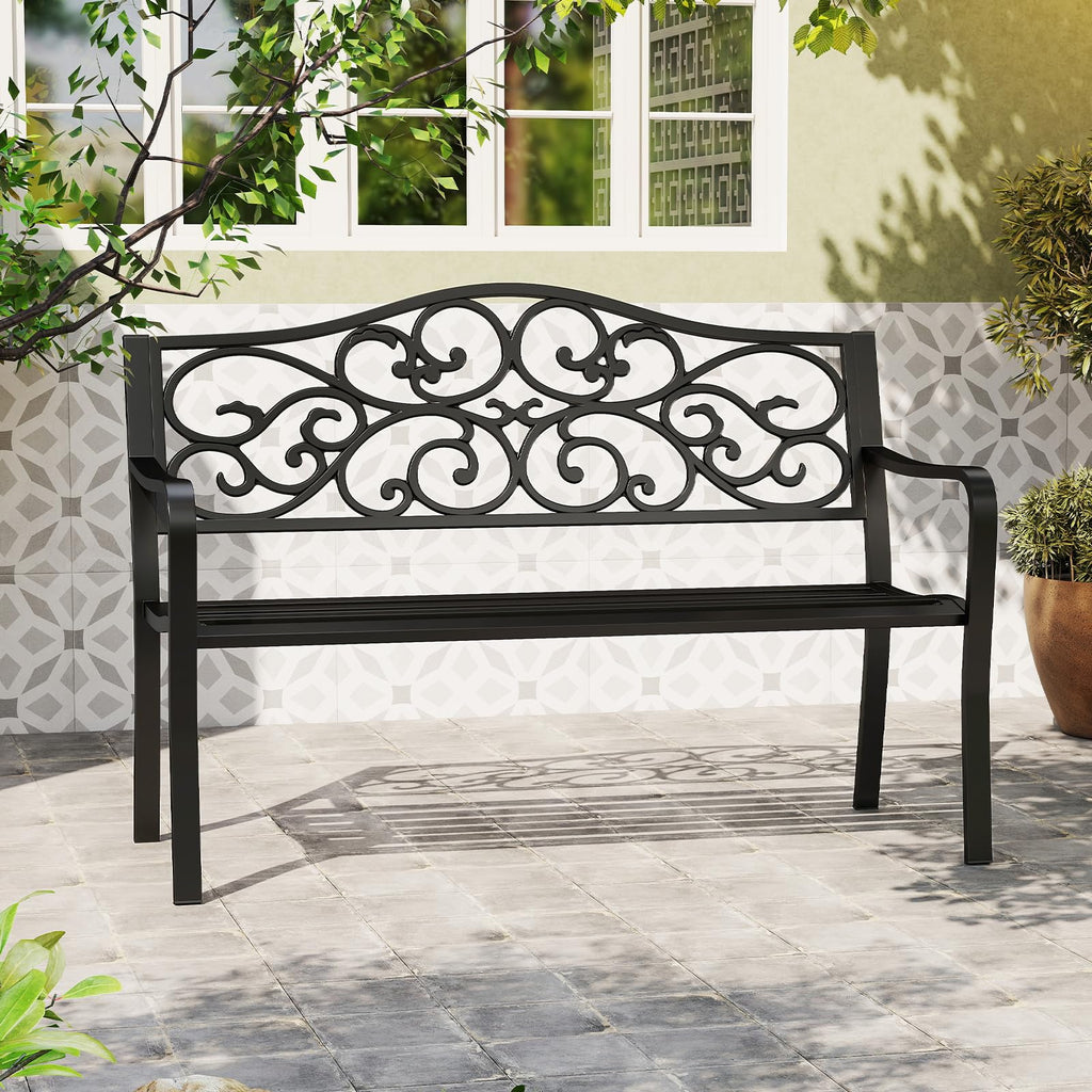50 Inches Black Cast Iron Metal Patio Bench with Floral Backrest P24451
