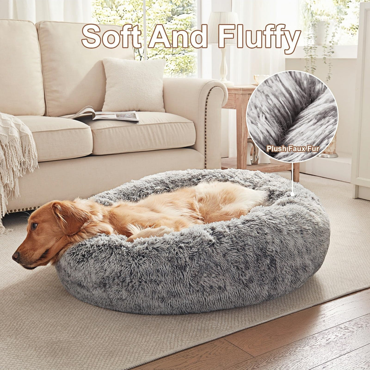 36 inches Faux Fur Fluffy Donut Dog Bed Dark Grey I151