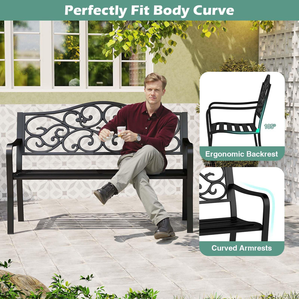 50 Inches Black Cast Iron Metal Patio Bench with Floral Backrest P24451