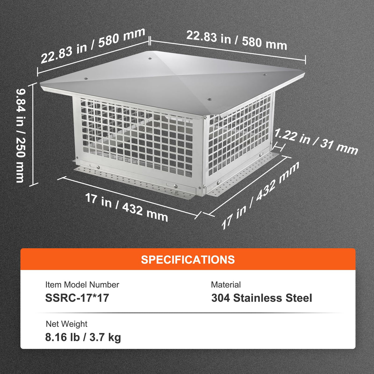 17x17 inch 304 Stainless Steel Chimney Cap S514