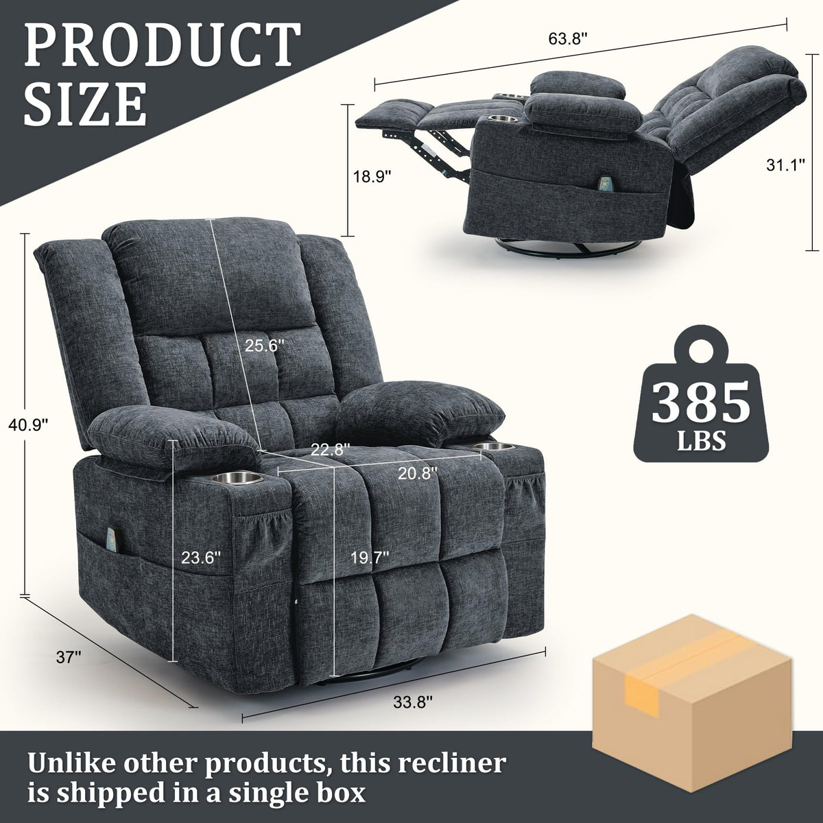 Fabric Dark Gray Swivel Rocker Recliner with Cup Holder Q592422