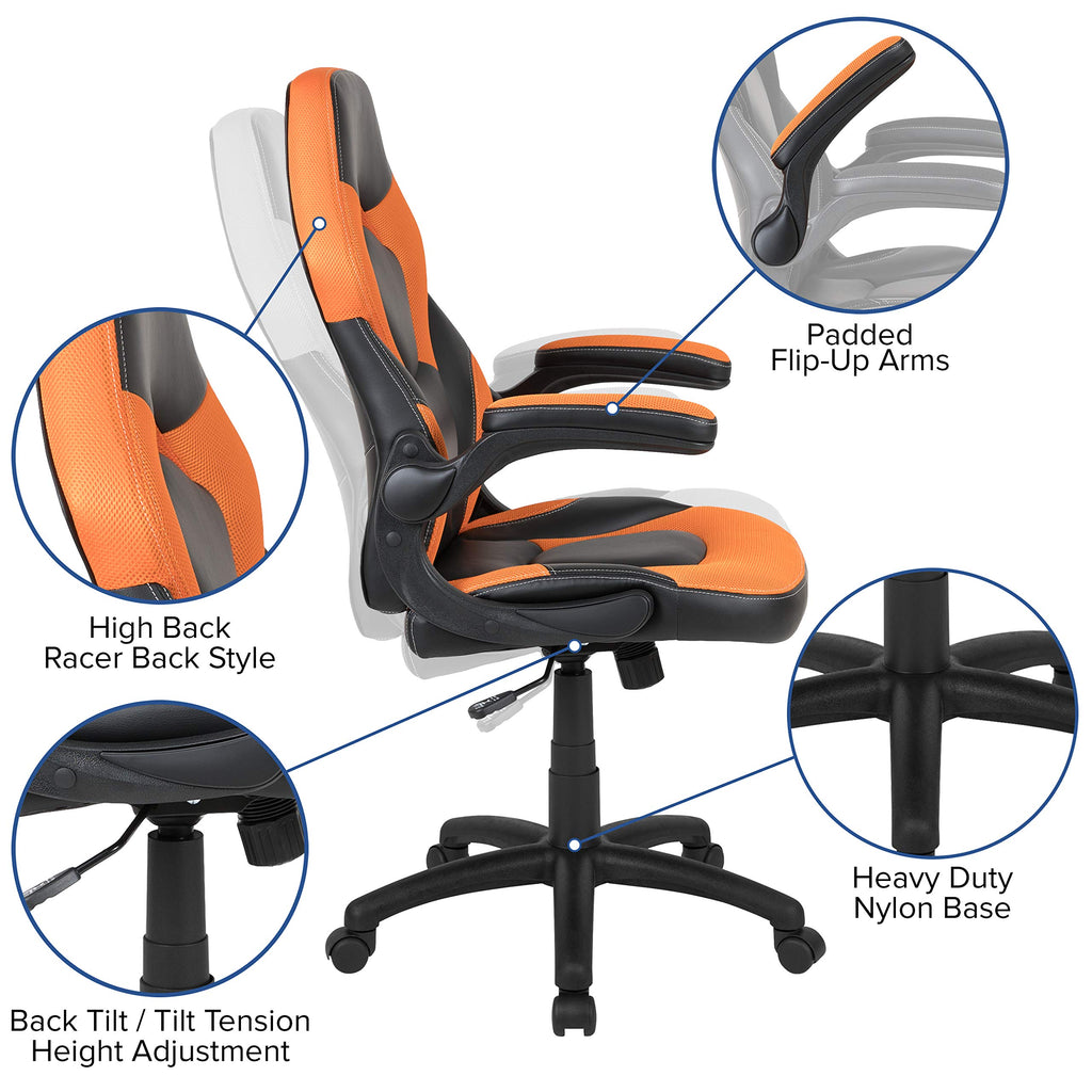 Orange Black Ergonomic Gaming Chair with Flip-up Arms L338
