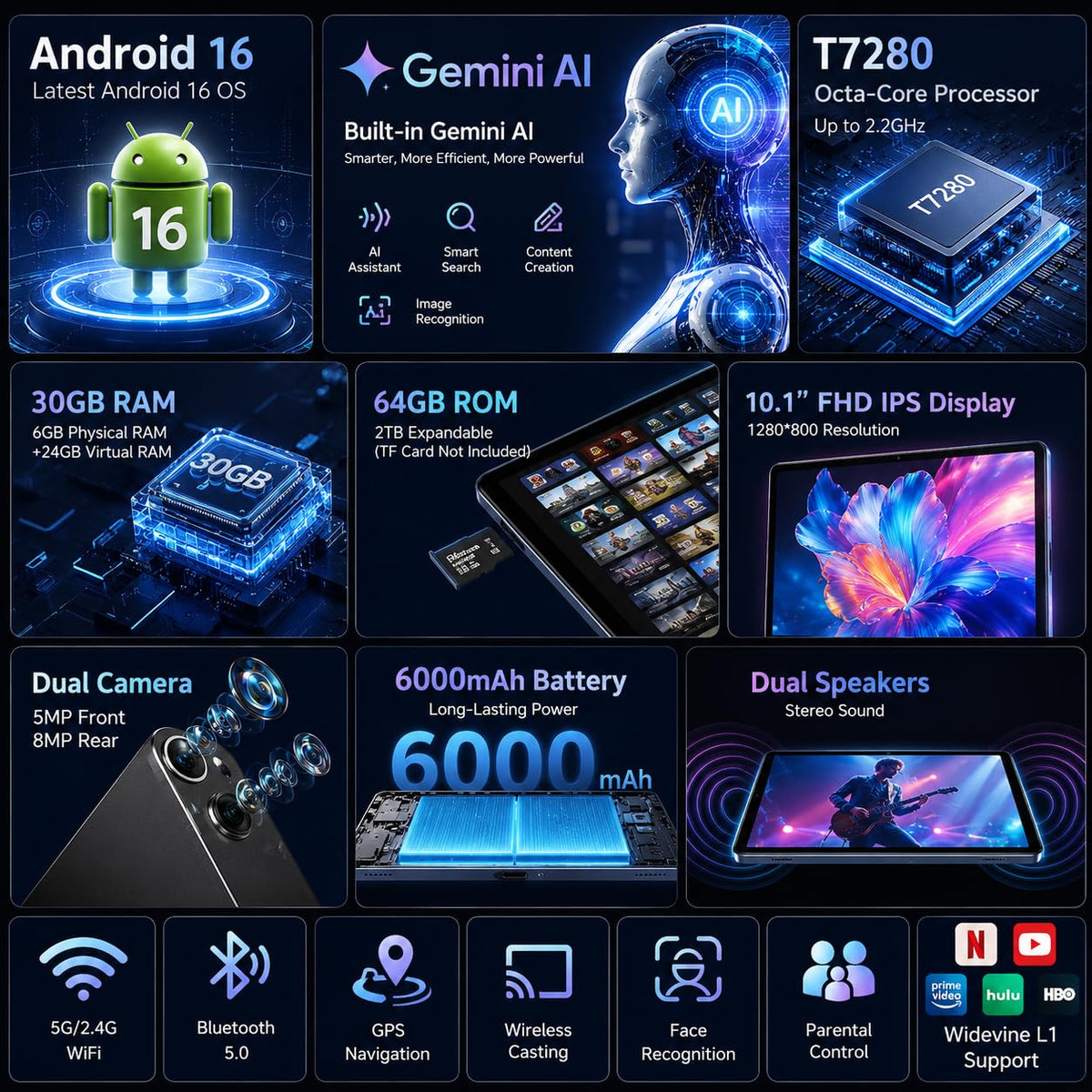 Black 10.1 inch Android 16 Tablet with Keyboard X9183