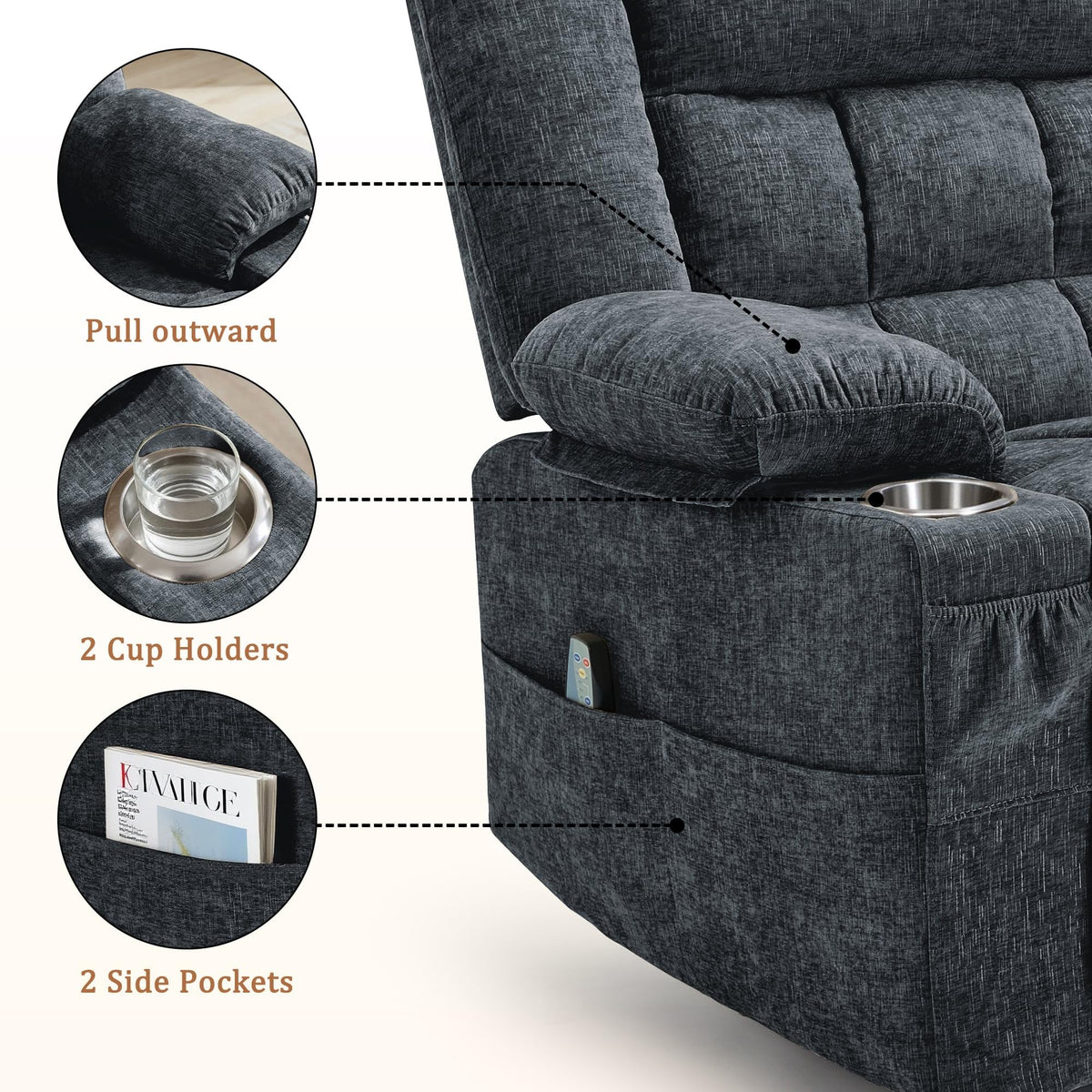 Fabric Dark Gray Swivel Rocker Recliner with Cup Holder Q592422