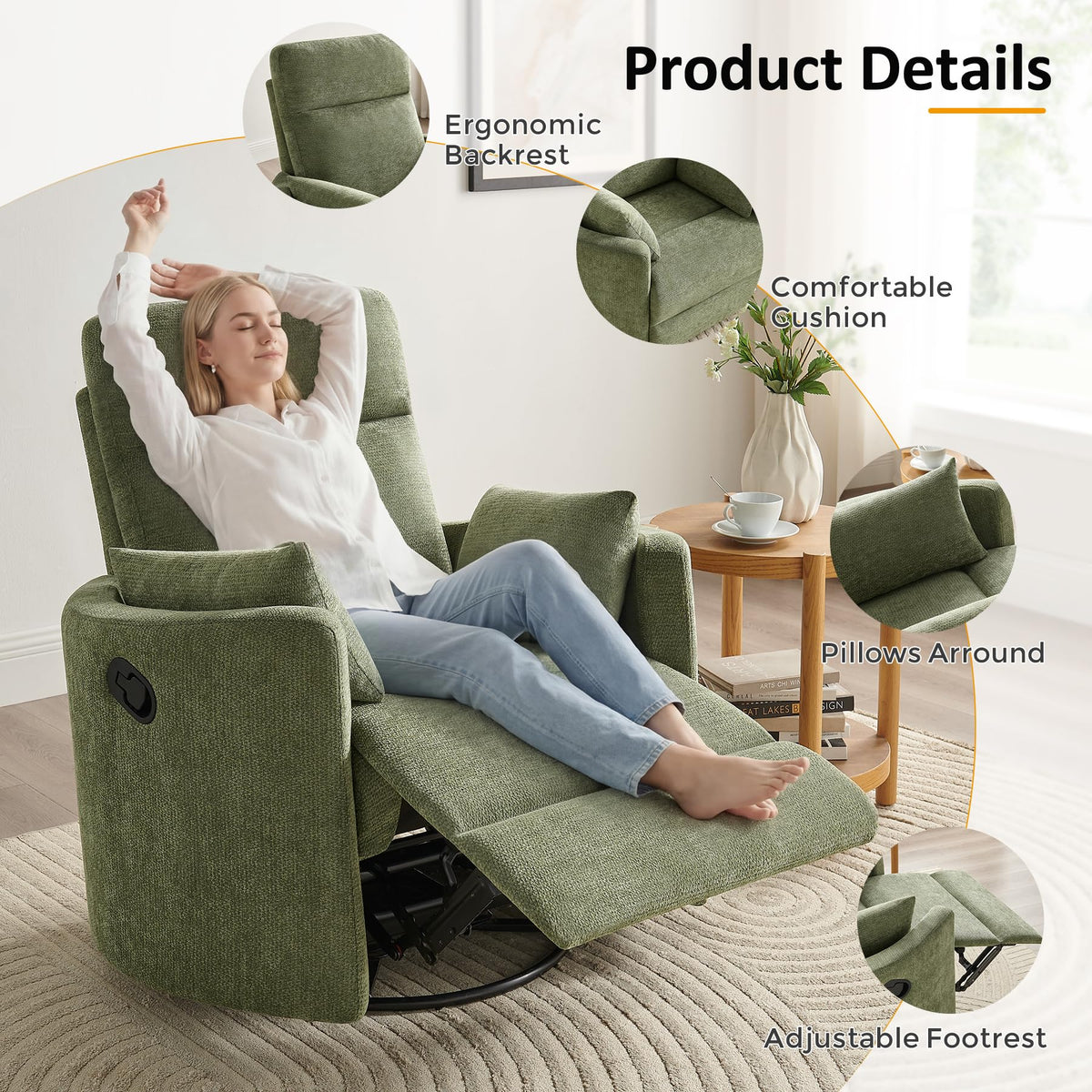 Oversized 360° Swivel Glider Recliner Chair with 2 Pillows and Footrest W306081